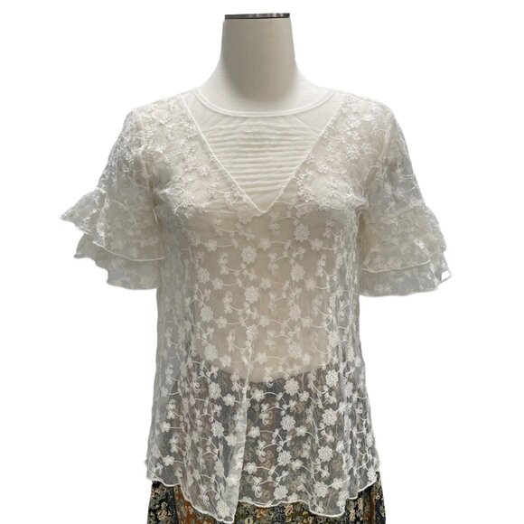 Maurices Women's White Lace Small, Sheer Floral Blouse Ruffle Sleeves, Boho Chic - Picture 4 of 9